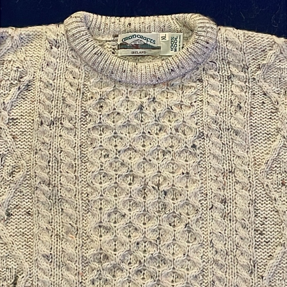Arancrafts Ireland 100% Wool Vintage Cream Speck Fisherman Cable Knit Sweater XL